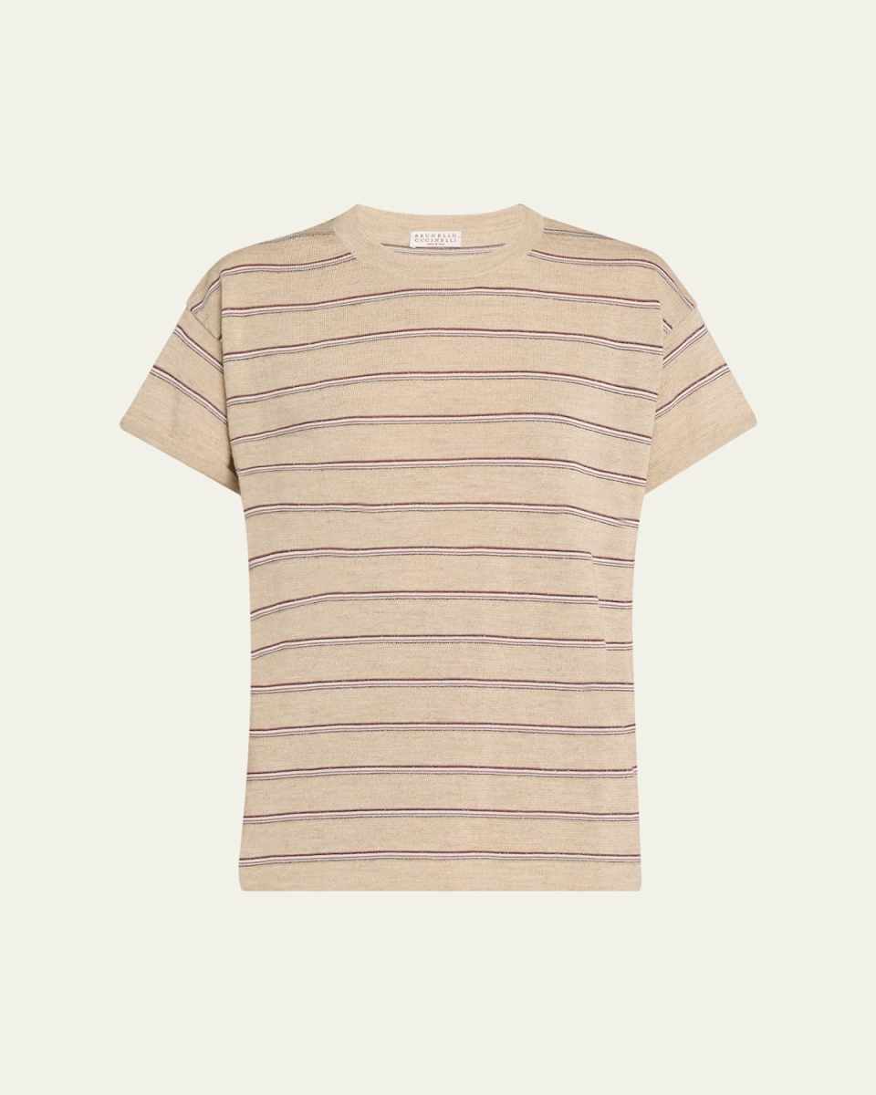 Metallic Striped Linen Knit T-Shirt